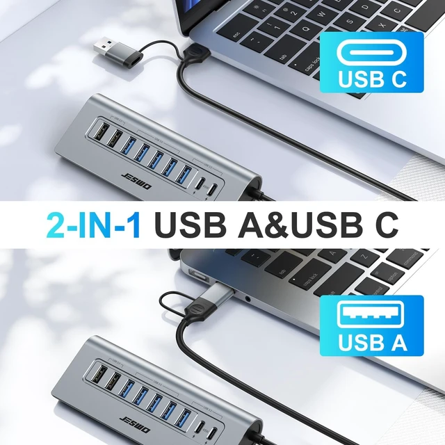 Alt view image 6 of 7 - JESWO 9-Port Aluminum Powered USB 3.2/USB C Hub, 7 USB+2 USB-C 3.2 Ports