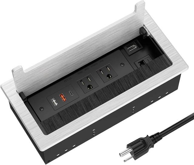Main image of Conference Table Power Hub with HDMI, Tabletop Connectivity Box with RJ45 + 20W USB C + 2 USB A + 2 AC Outlets, Flush Mount Desk Power Outlet for Office School, Silver