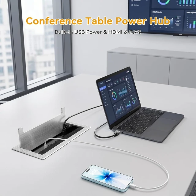 Alt view image 2 of 7 - Conference Table Power Hub with HDMI, Tabletop Connectivity Box with RJ45 + 20W USB C + 2 USB A + 2 AC Outlets, Flush Mount Desk Power Outlet for Office School, Silver