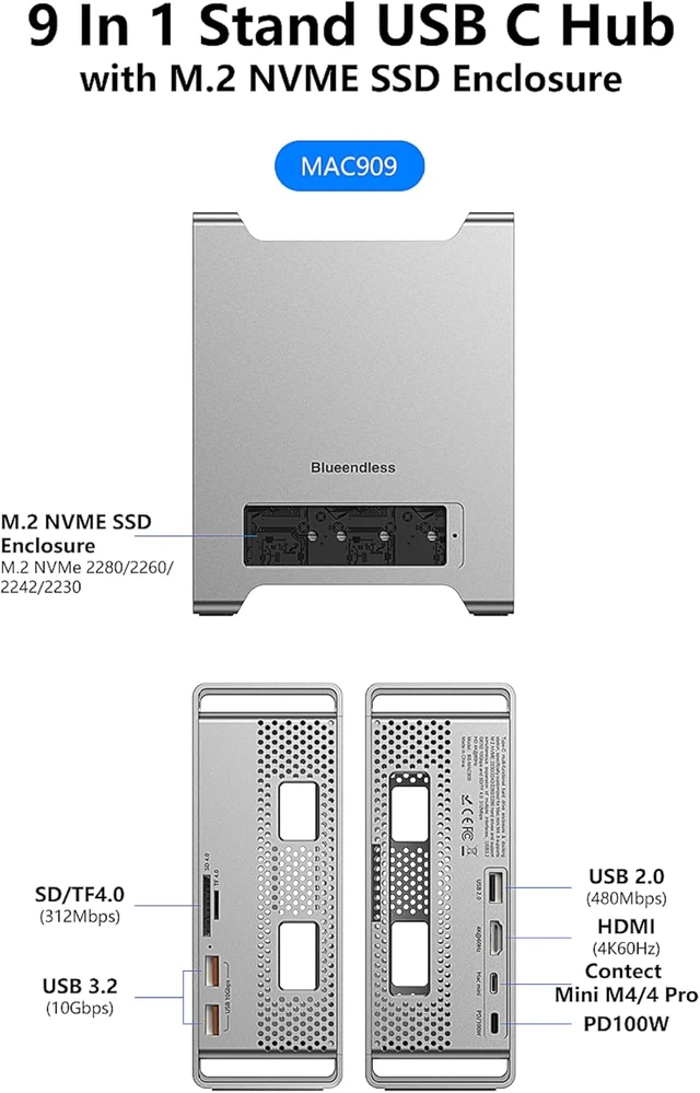 Alt view image 6 of 7 - USB C Hub with M.2 NVME SSD Slot Enclosure for Mac mini M4/M4 Pro, Stand Type-C Docking Station SSD Case HDMI USB3.2 Gen2 SD4.0 TF4.0 (MAC909)