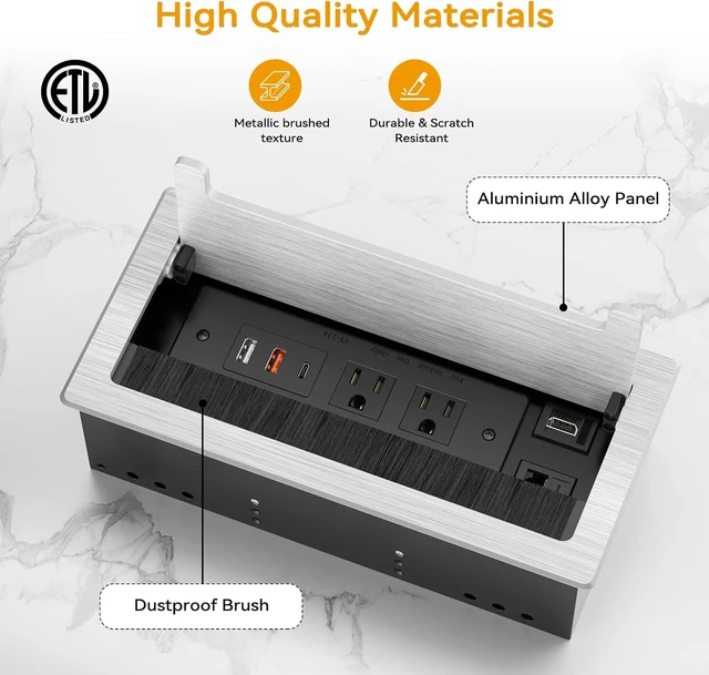 Alt view image 5 of 7 - Conference Table Power Hub with HDMI, Tabletop Connectivity Box with RJ45 + 20W USB C + 2 USB A + 2 AC Outlets, Flush Mount Desk Power Outlet for Office School, Silver