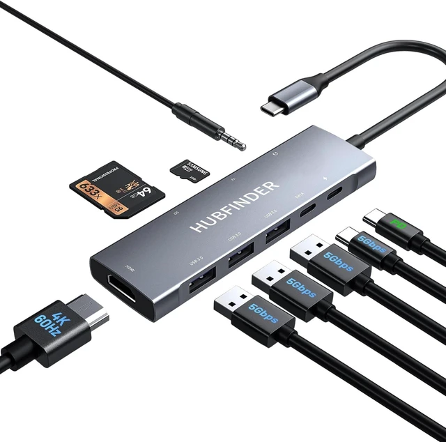 Main image of USB C Hub, HUBFINDER 9 in 1 USBC to HDMI with 4K, 100W Power Delivery, 3 USB3.0 and USB-C 5 Gbps Data Ports, SD/TF Card Reader, 3.5mm Headphone Jack, for MacBook Air, MacBook Pro,iPad Pro