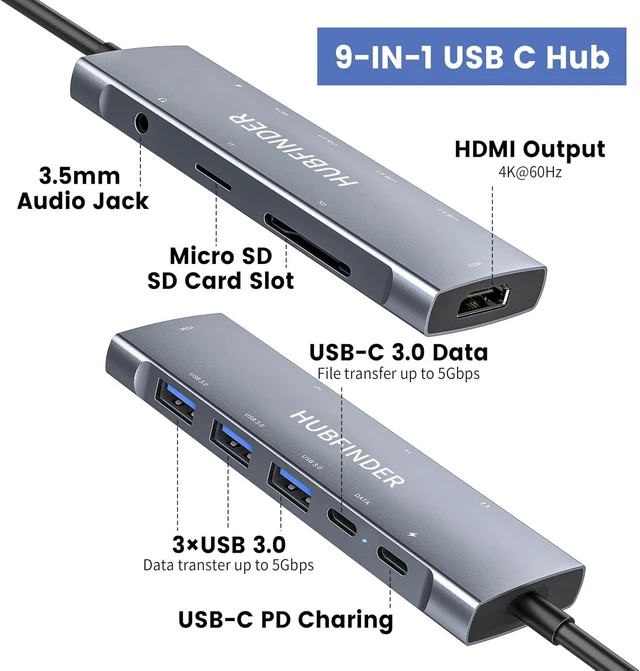 Alt view image 2 of 7 - USB C Hub, HUBFINDER 9 in 1 USBC to HDMI with 4K, 100W Power Delivery, 3 USB3.0 and USB-C 5 Gbps Data Ports, SD/TF Card Reader, 3.5mm Headphone Jack, for MacBook Air, MacBook Pro,iPad Pro