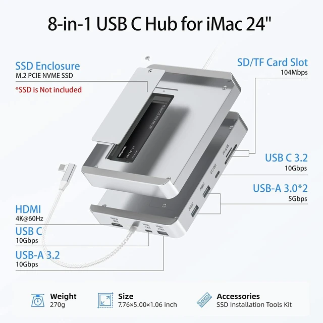 Alt view image 2 of 7 - USB C Hub for iMac 24 inch 2021/2023/2024, 8 in 1 iMac USB Hub with M.2 SSD Expansion (SSD Not Included)USB A/C 3.2 10Gbps, SD/TF, HDMI iMacM1 M3 M4 Dock Accessories