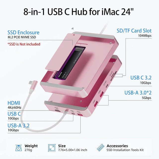 Alt view image 2 of 7 - USB C Hub for Mac 24 inch 2021/2023/2024, 8 in 1 iMac USB Hub with M.2 SSD Expansion (SSD Not Included)with USB A/C 3.2 10Gbps, SD/TF, HDMI iMacM1 M3 M4 Dock Accessories
