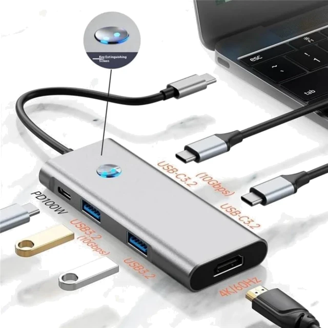 Alt view image 5 of 7 - Type-C 6-in-1 Hub One-Key Screen Off PD100W 4K HDMI 2X USB3.2 2426