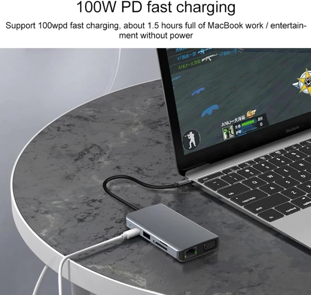 Alt view image 4 of 7 - 9 in 1 RJ45 100W PD SD/TF USBx2 HDMI VGA 3.5mm AUX Type C HUB Adapter