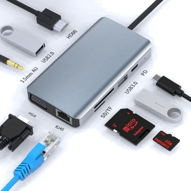 Alt view image 6 of 7 - 9 in 1 RJ45 100W PD SD/TF USBx2 HDMI VGA 3.5mm AUX Type C HUB Adapter