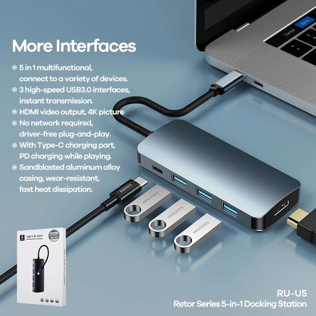 Alt view image 4 of 4 - 5 in 1 Multi Function Type C USB C HUB Docking Station Compatible with Remax RU-