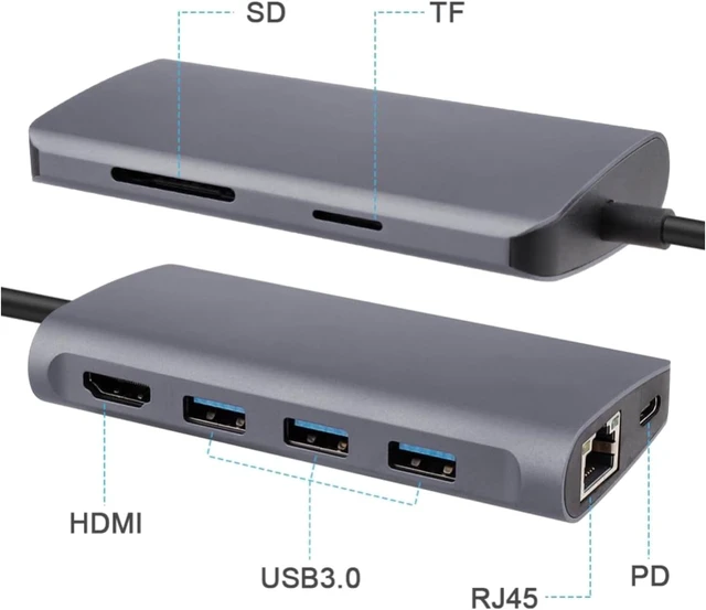 Alt view image 3 of 5 - 8 in 1 Type-C to HDMI + USB 3.0 x 3 + RJ45 + PD + SD/TF Card Slot HUB Adapter