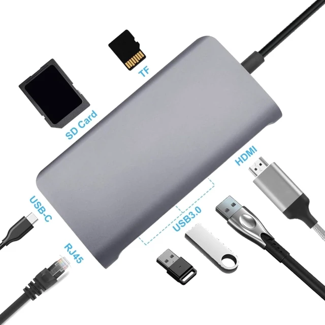 Alt view image 4 of 5 - 8 in 1 Type-C to HDMI + USB 3.0 x 3 + RJ45 + PD + SD/TF Card Slot HUB Adapter