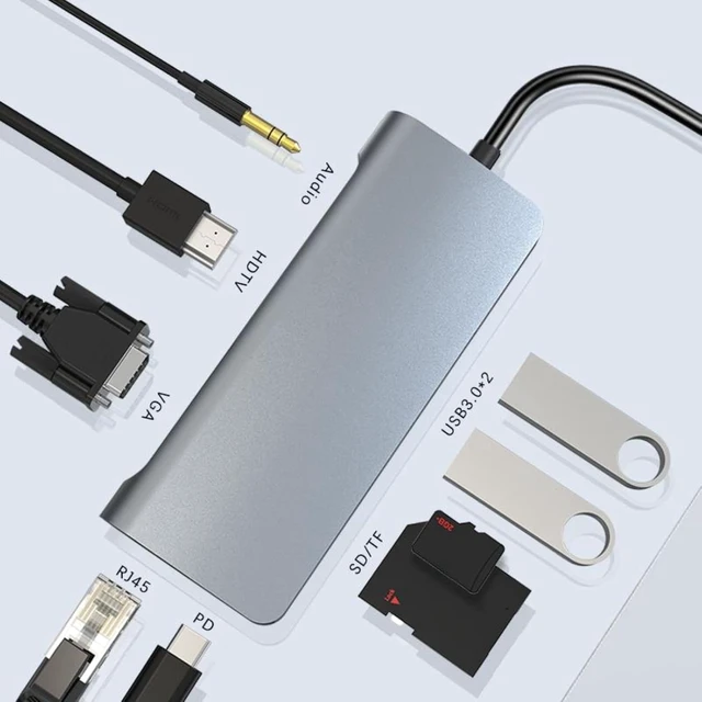 Alt view image 3 of 7 - USB-C Hub 9 in 1 RJ45 PD SD/TF USB 3.0 HDMI VGA Audio