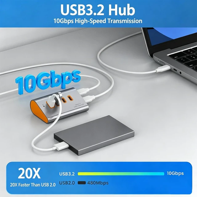 Alt view image 2 of 7 - USB 3.2 Extension 4 Harbors 10Gbps Aluminum Build for Home, A