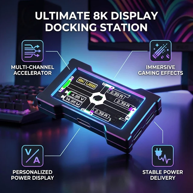 Alt view image 2 of 7 - USB C Gaming Dock, 8000Hz Full Color Display (Black)