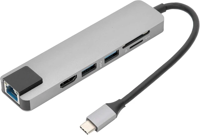 Main image of 6 in 1 USB C Hub Multiport Adapter with HDMI, RJ45 Ethernet, USB 3.0, SD Card Reader, TF Card Reader Compatible with Type C Devices Gray