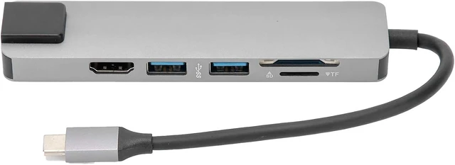 Alt view image 3 of 7 - 6 in 1 USB C Hub Multiport Adapter with HDMI, RJ45 Ethernet, USB 3.0, SD Card Reader, TF Card Reader Compatible with Type C Devices Gray