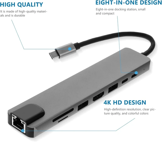 Alt view image 3 of 7 - Type-c USB Hub Dock Station, 8-in-1 Aluminum Alloy, Silver, 4k, No Drivers Required