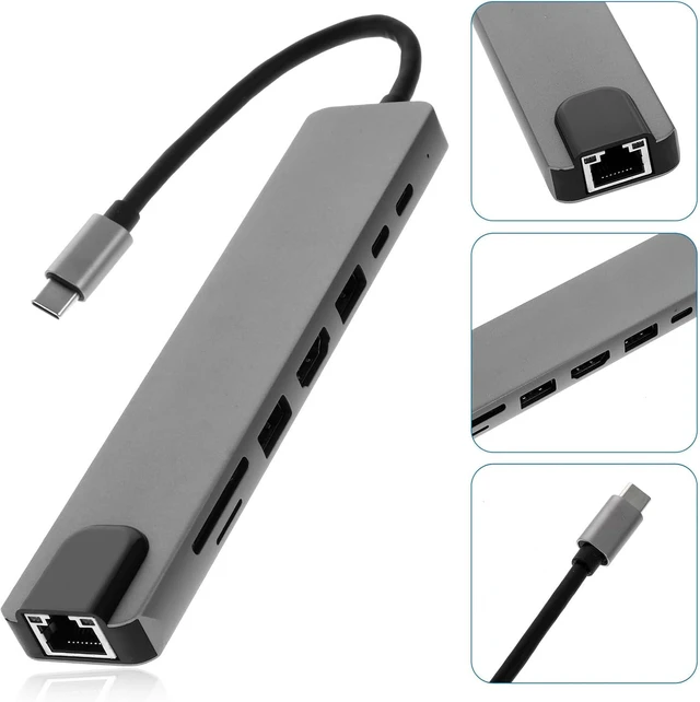 Alt view image 7 of 7 - Type-c USB Hub Dock Station, 8-in-1 Aluminum Alloy, Silver, 4k, No Drivers Required