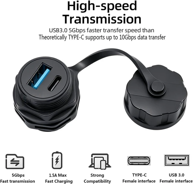 Alt view image 2 of 7 - PENGLIN 2PCS Waterproof USB3.0&USB-C 2-in-1 Panel Mount Adapter, USB A & Type C Female to Female Connector, Support 5Gbps Data Transfer/5V 1.5A Charging
