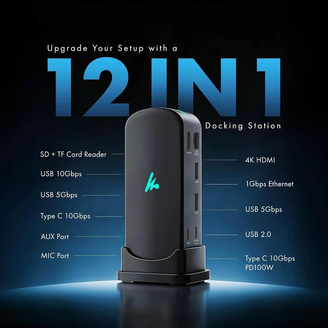 Alt view image 2 of 7 - Type C 12 in 1 Docking Station, 4K@60Hz HDMI, Gigabit Ethernet 2XType-C 10Gbps, USB 10 Gbps, PD 100WUSB 2.0, AUX & MIC, SD/TF, Compatible Thunderbolt 4, macOS, Windows, Android & iOS