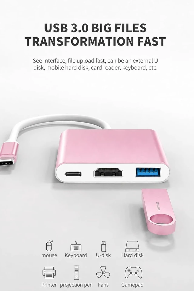 Alt view image 4 of 6 - USB C to HDMI Adapter, 4K USB C Hub with 100W PD, USBA 3.0 Port, HDMI to USBC Multiport Digital AV Converter for MacBook Pro/Air, iPad, Tablets, TV, Monitor and More (Pink)