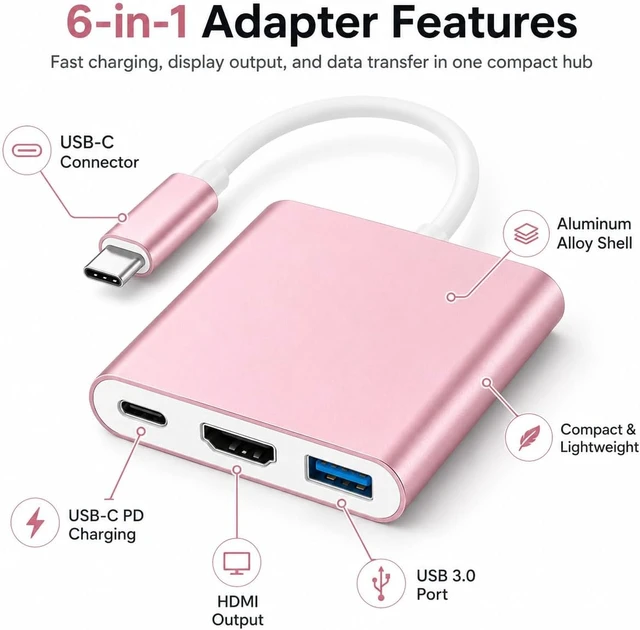 Alt view image 6 of 6 - USB C to HDMI Adapter, 4K USB C Hub with 100W PD, USBA 3.0 Port, HDMI to USBC Multiport Digital AV Converter for MacBook Pro/Air, iPad, Tablets, TV, Monitor and More (Pink)