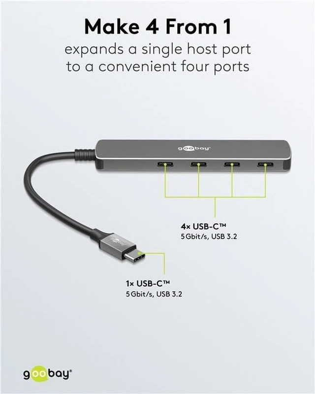 Alt view image 3 of 3 - goobay USB C 3.2 - USB A 3.2 / USB-C Male to 4X USB-C, Compact Hub for Laptop, Tablet, Smartphone, SuperSpeed Data Rates up to 5 Gbps, Compatible with Windows/Linux/macOS - 79160