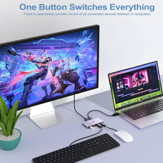 Alt view image 4 of 7 - USB 3.0 Switch, 2 Computers Sharing 4 USB Devices, One-Button Switcher for Keyboard Mouse Printer Scanner, USB Peripheral Sharing Hub for PC Laptop with 2 USB 3.0 Cables, Aluminum Alloy Case