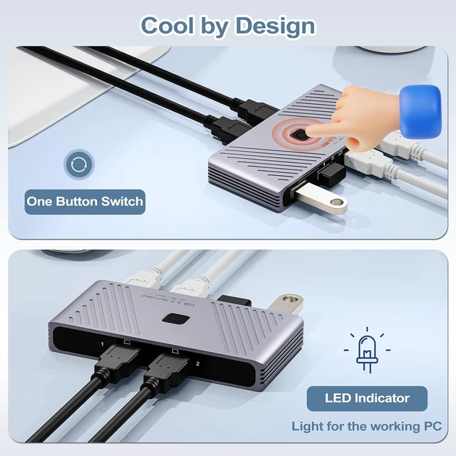 Alt view image 6 of 7 - USB 3.0 Switch, 2 Computers Sharing 4 USB Devices, One-Button Switcher for Keyboard Mouse Printer Scanner, USB Peripheral Sharing Hub for PC Laptop with 2 USB 3.0 Cables, Aluminum Alloy Case