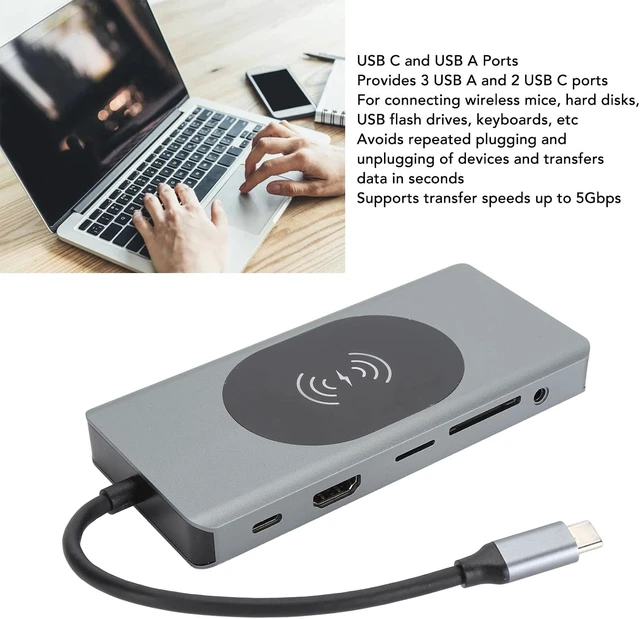 Alt view image 2 of 7 - 13 in 1 USB C Hub Docking Station with 4K Multimedia Interface, VGA, 3 USB A, 2 USB C, PD Charging, RJ45, Card Reader, 3.5mm Audio, 15W Wireless Charger