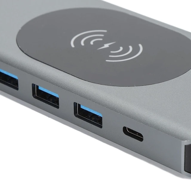 Alt view image 3 of 7 - 13 in 1 USB C Hub Docking Station with 4K Multimedia Interface, VGA, 3 USB A, 2 USB C, PD Charging, RJ45, Card Reader, 3.5mm Audio, 15W Wireless Charger