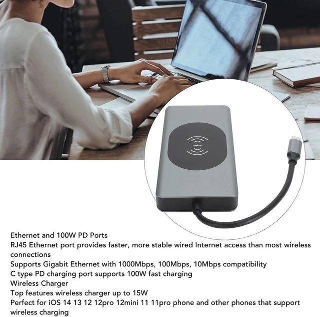 Alt view image 6 of 7 - 13 in 1 USB C Hub Docking Station with 4K Multimedia Interface, VGA, 3 USB A, 2 USB C, PD Charging, RJ45, Card Reader, 3.5mm Audio, 15W Wireless Charger