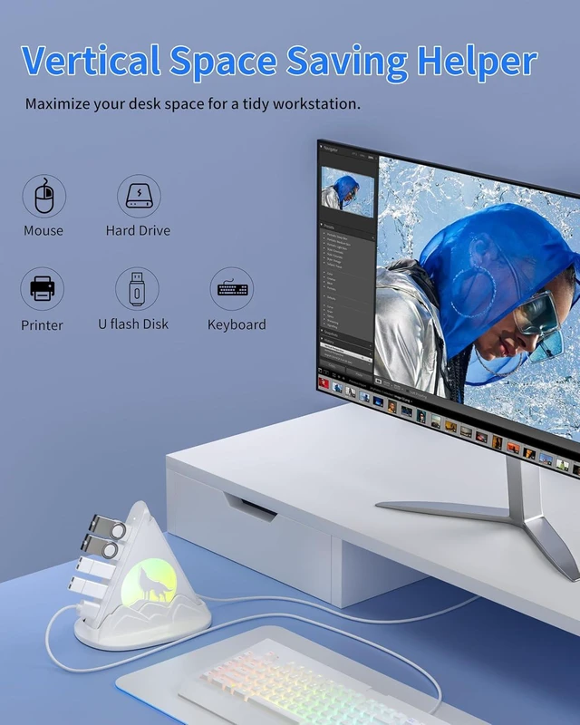 Alt view image 6 of 7 - USB Hub 3.0, 7-Port USB Hub with RGB Night Light and Base, Vertical USB a Splitter for Desktop,Laptop, MacBook, Game Console, Flash Drive, XPS, PC, Printer, Camera, KeyboardWhite+Base