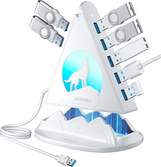 Main image of USB Hub 3.0, 7-Port USB Hub with RGB Night Light and Base, Vertical USB a Splitter for Desktop,Laptop, MacBook, Game Console, Flash Drive, XPS, PC, Printer, Camera, KeyboardWhite+Base