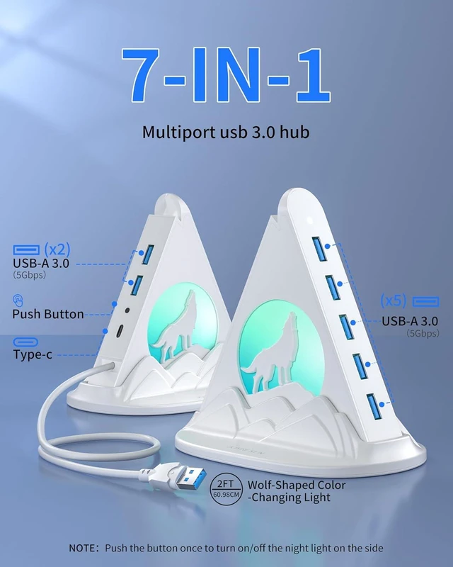 Alt view image 2 of 7 - USB Hub 3.0, 7-Port USB Hub with RGB Night Light and Base, Vertical USB a Splitter for Desktop,Laptop, MacBook, Game Console, Flash Drive, XPS, PC, Printer, Camera, KeyboardWhite+Base