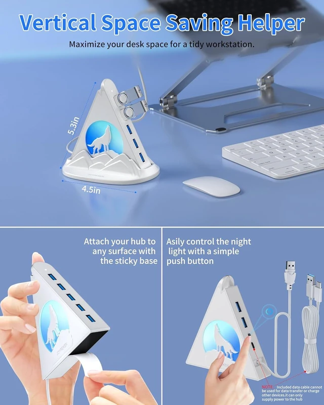 Alt view image 3 of 7 - USB Hub 3.0, 7-Port USB Hub with RGB Night Light and Base, Vertical USB a Splitter for Desktop,Laptop, MacBook, Game Console, Flash Drive, XPS, PC, Printer, Camera, KeyboardWhite+Base