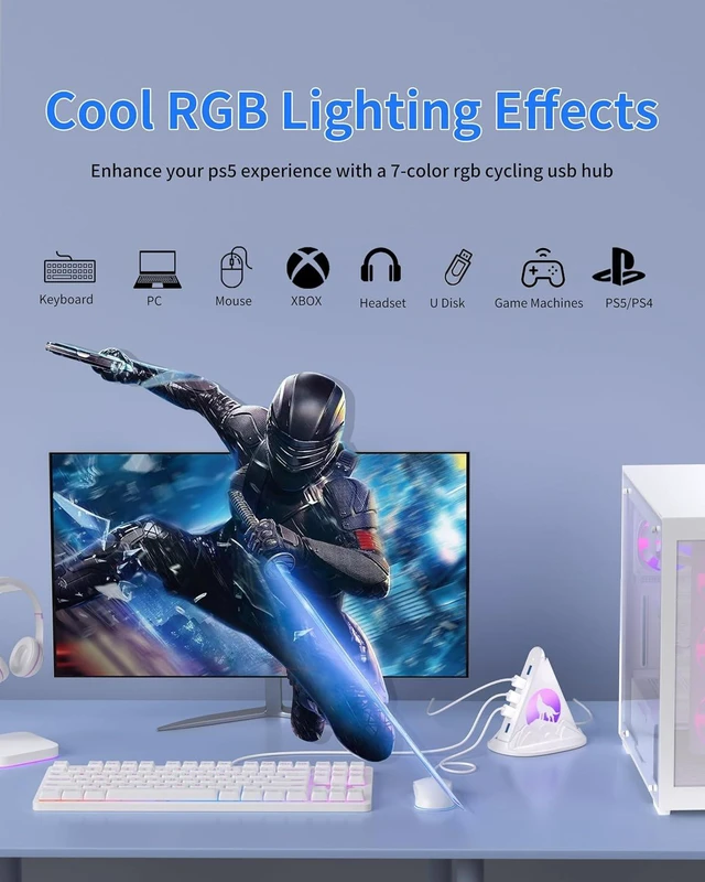 Alt view image 4 of 7 - USB Hub 3.0, 7-Port USB Hub with RGB Night Light and Base, Vertical USB a Splitter for Desktop,Laptop, MacBook, Game Console, Flash Drive, XPS, PC, Printer, Camera, KeyboardWhite+Base