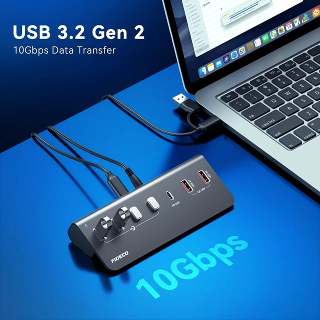 Alt view image 2 of 7 - 7-Port 72W Powered USB Hub, USB C Hub with 1 PD 45W, 2 QC 3.0 Charging Ports, and 4 USB 3.2 Ports (2 USB-A + 2 USB-C), Aluminum 10Gbps USB Hub for Laptop, PC, MacBook, iPhone 17/16/15, Grey