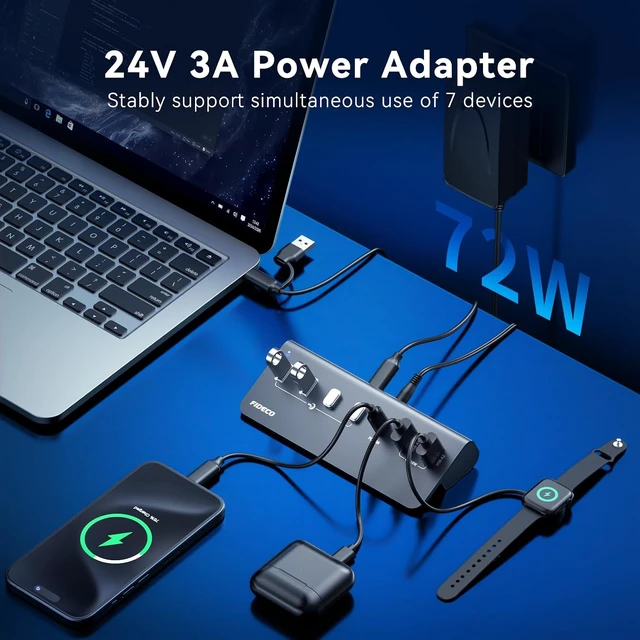 Alt view image 5 of 7 - 7-Port 72W Powered USB Hub, USB C Hub with 1 PD 45W, 2 QC 3.0 Charging Ports, and 4 USB 3.2 Ports (2 USB-A + 2 USB-C), Aluminum 10Gbps USB Hub for Laptop, PC, MacBook, iPhone 17/16/15, Grey