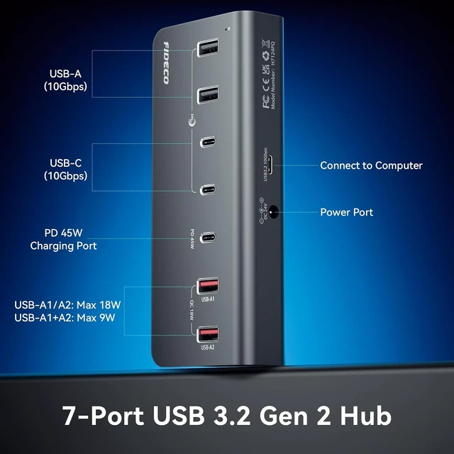 Alt view image 7 of 7 - 7-Port 72W Powered USB Hub, USB C Hub with 1 PD 45W, 2 QC 3.0 Charging Ports, and 4 USB 3.2 Ports (2 USB-A + 2 USB-C), Aluminum 10Gbps USB Hub for Laptop, PC, MacBook, iPhone 17/16/15, Grey