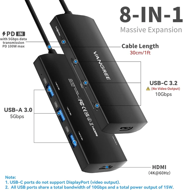 Alt view image 2 of 7 - USB C to USB C Hub 10Gbps, 3 USB 3.2 Gen 2 Ports, 4K@60Hz HDMI, 100W PD, 3 USB 3.0 Ports, USBC Splitter Multiport Adapter for MacBook Pro/Air, iMac, iPad Pro, iPhone 15 (Not Support Type-C Monitor)