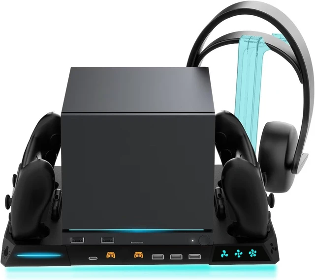 Alt view image 2 of 7 - 6-in-1 Multi-Functional Charging Dock for Steam Machine with 3-Speed Cooling Fan RGB Lights 2 Controller Chargers USB Hub Headphone Stand