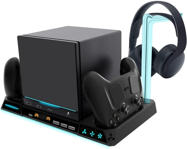 Alt view image 3 of 7 - 6-in-1 Multi-Functional Charging Dock for Steam Machine with 3-Speed Cooling Fan RGB Lights 2 Controller Chargers USB Hub Headphone Stand