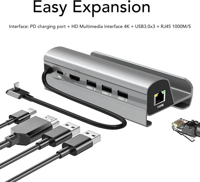 Alt view image 2 of 7 - 6 in 1 Docking Station Stand Hub Compatible with Steam Deck and ROG Ally, USB C to PD 55W Charging, 3 USB 3.0 Ports, RJ45 Gigabit Ethernet, 4K 60Hz HD Multimedia Interface 2.0