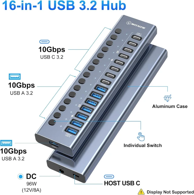 Alt view image 2 of 7 - Powered USB 3.2 Hub, 16 Port USB Hub with 10Gbps Data Speed, 8 USB-A & 8 USB-C Ports, 96W Power Adapter for PC, Laptop, Printer, Camera