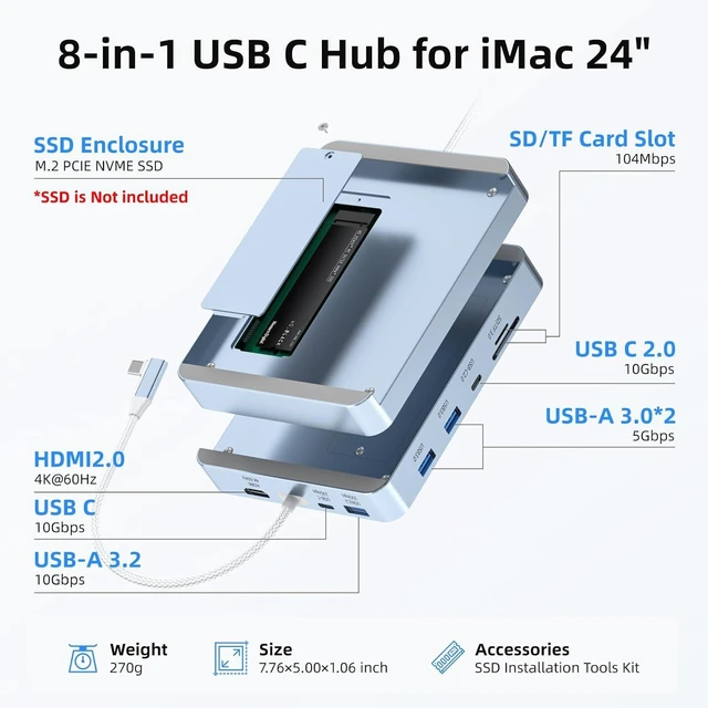 Alt view image 2 of 7 - USB C Hub for iMac 24 inch 2021/2023/2024, 8 in 1 iMac USB Hub with M.2 SSD Expansion (SSD Not Included)with USB A/C 3.2 10Gbps, SD/TF, HDMI iMacM1 M3 M4 Dock Accessories
