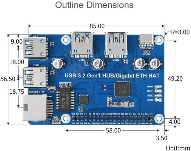 Alt view image 2 of 7 - USB 3.2 Gen1 and Gigabit Ethernet HUB HAT for Raspberry Pi, 3X USB, 1x Gigabit ETH, Driver-Free