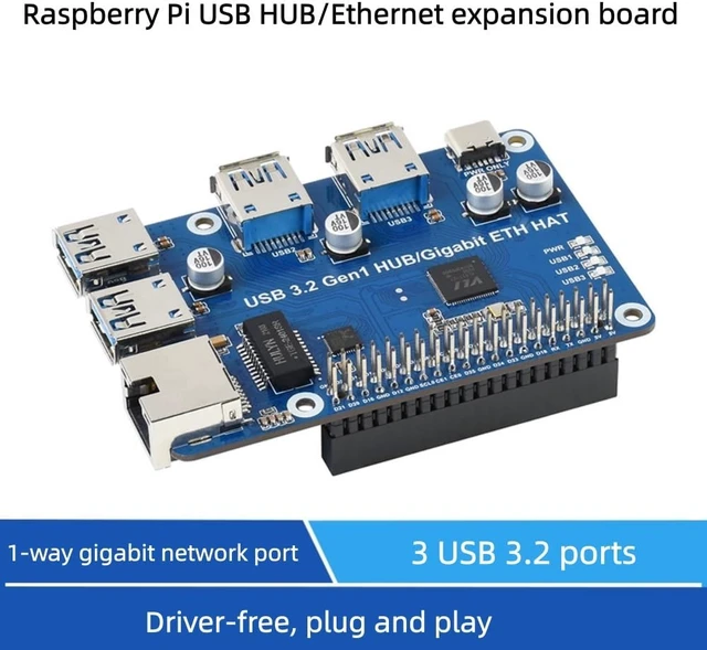Alt view image 6 of 7 - USB 3.2 Gen1 and Gigabit Ethernet HUB HAT for Raspberry Pi, 3X USB, 1x Gigabit ETH, Driver-Free