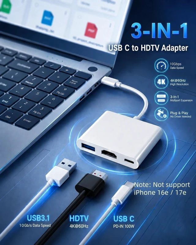 Alt view image 3 of 7 - AIRSKY USB-C Digital Av Multiport Adapter, USB C to HDMI Adapter for iPhone 17, PD 100W Fast Charging, USB3.1 and 4K HDMI Output Compatible with Iphone17/16/15 Ipad pro Mackbook Pro