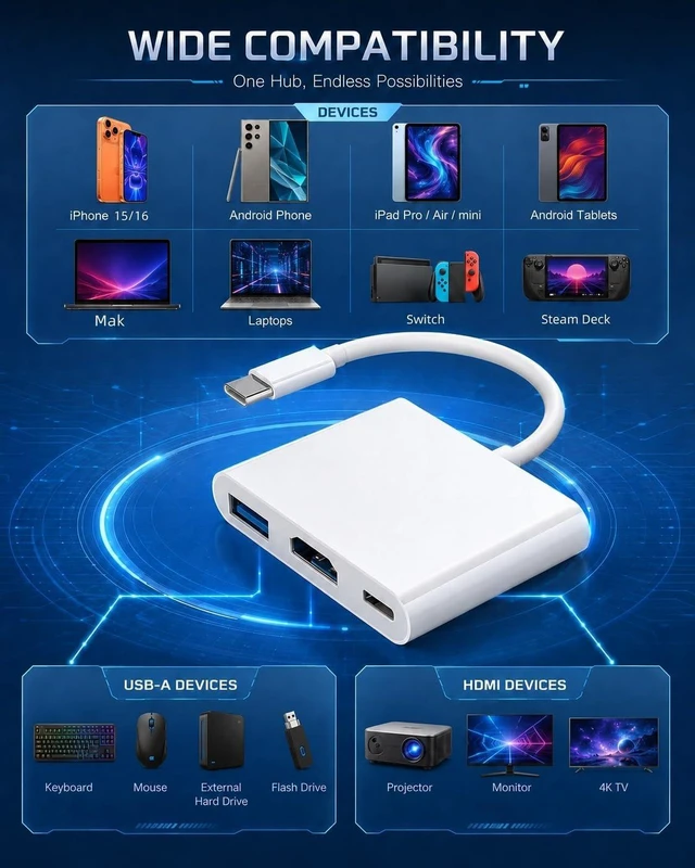 Alt view image 6 of 7 - AIRSKY USB-C Digital Av Multiport Adapter, USB C to HDMI Adapter for iPhone 17, PD 100W Fast Charging, USB3.1 and 4K HDMI Output Compatible with Iphone17/16/15 Ipad pro Mackbook Pro